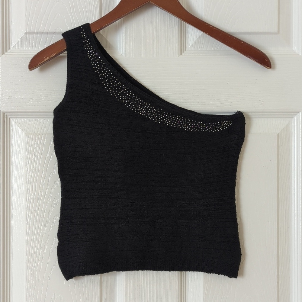 Annie B. 90's Vintage Embellished Ribbed Knit One Shoulder Cropped Tank Top L